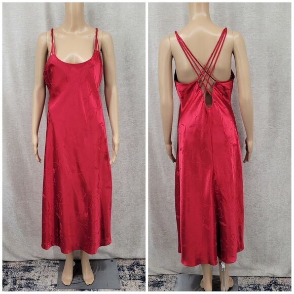 Inner Most Vintage Satin Jacquard Red Midi Slip Dress Nightgown - Picture 11 of 12